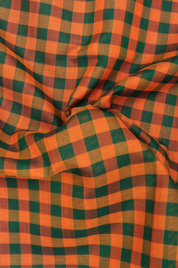 Silk Cotton Saree In Green And Orange With Checks Design