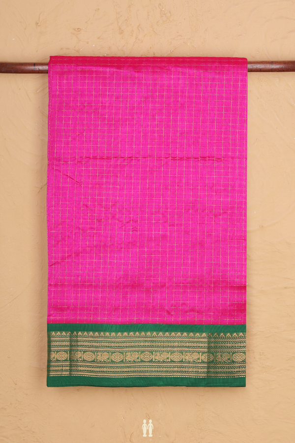 Silk Cotton Saree In Magenta With Checks Design
