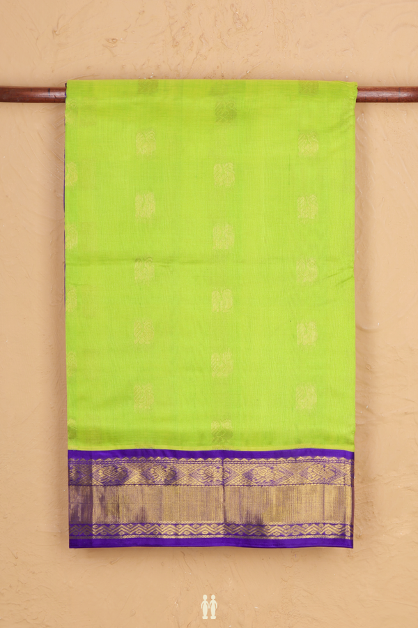 Silk Cotton Saree In Lime Green With Peacock Buttas