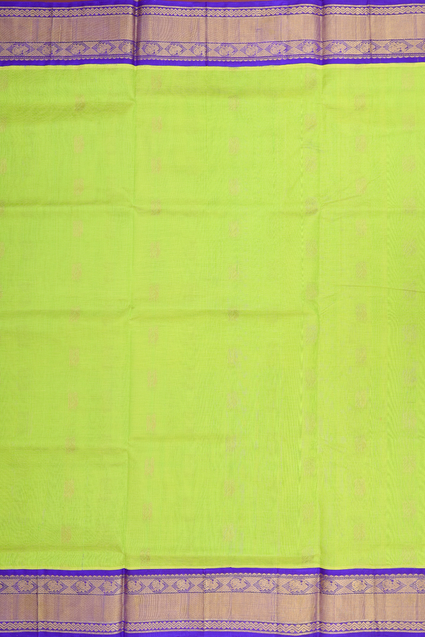 Silk Cotton Saree In Lime Green With Peacock Buttas