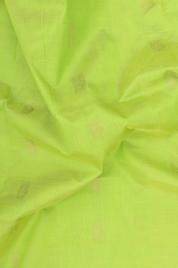 Silk Cotton Saree In Lime Green With Peacock Buttas