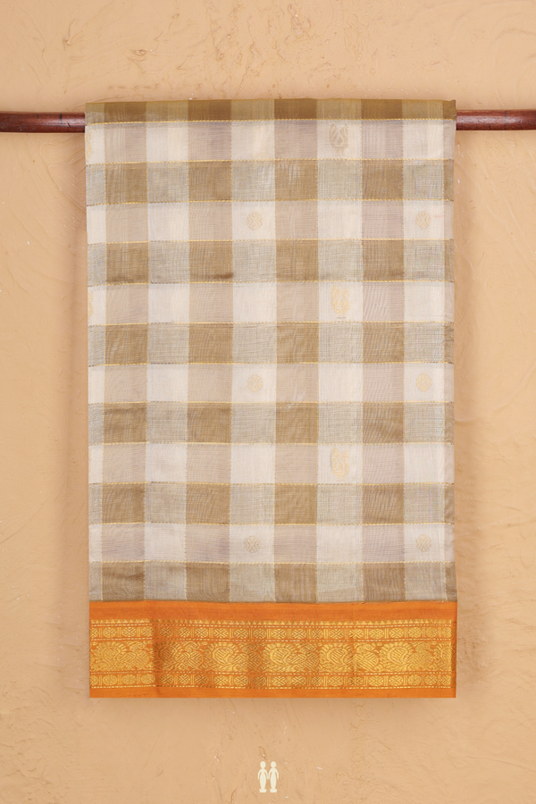 Silk Cotton Saree In Green And White With Checks Design