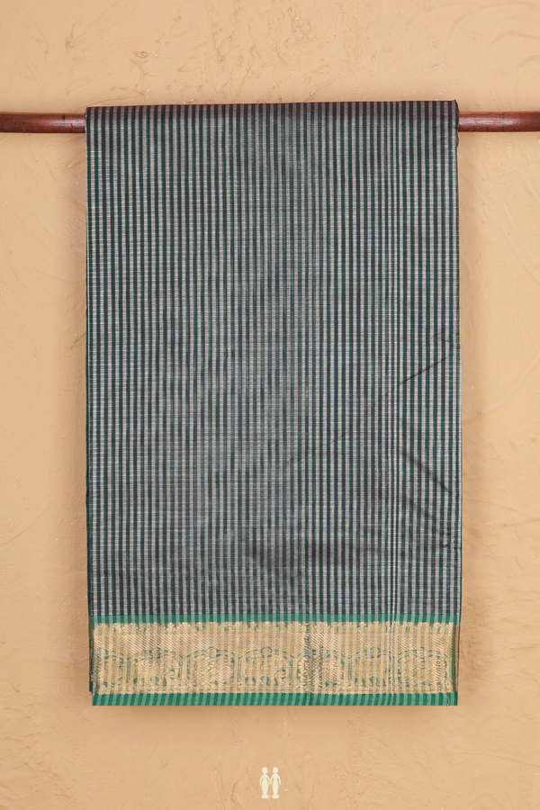 Silk Cotton Saree In Green And Grey With Stripes Design