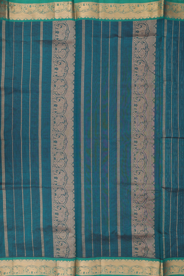 Silk Cotton Saree In Green And Grey With Stripes Design