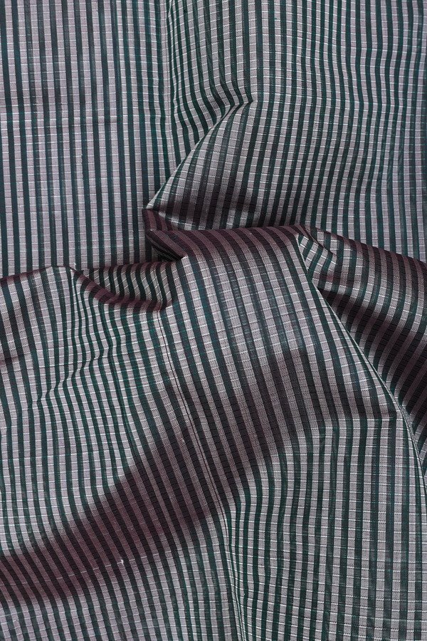 Silk Cotton Saree In Green And Grey With Stripes Design