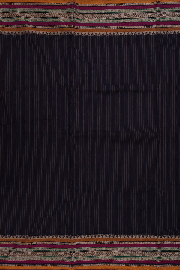 Nine Yards Cotton Saree In Navy Blue With Stripes Design