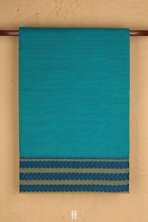 Nine Yards Cotton Saree In Green With Threadwork Border
