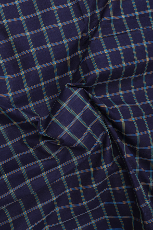 Nine Yards Cotton Saree In Navy Blue With Checks Design