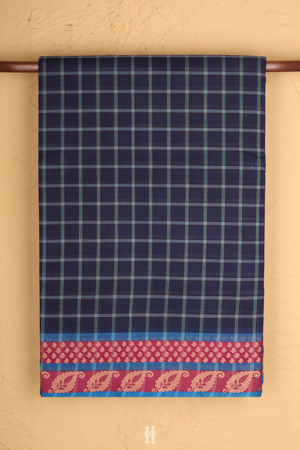 Nine Yards Cotton Saree In Navy Blue With Checks Design