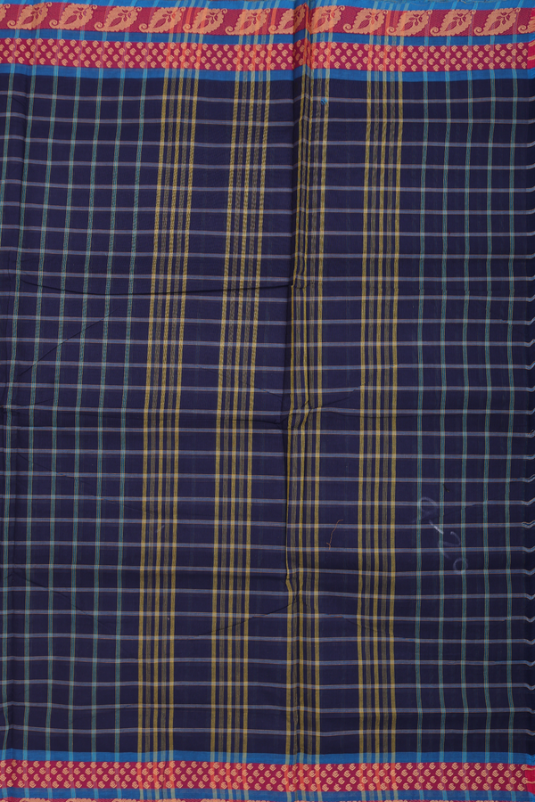 Nine Yards Cotton Saree In Navy Blue With Checks Design
