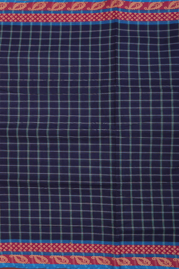 Nine Yards Cotton Saree In Navy Blue With Checks Design