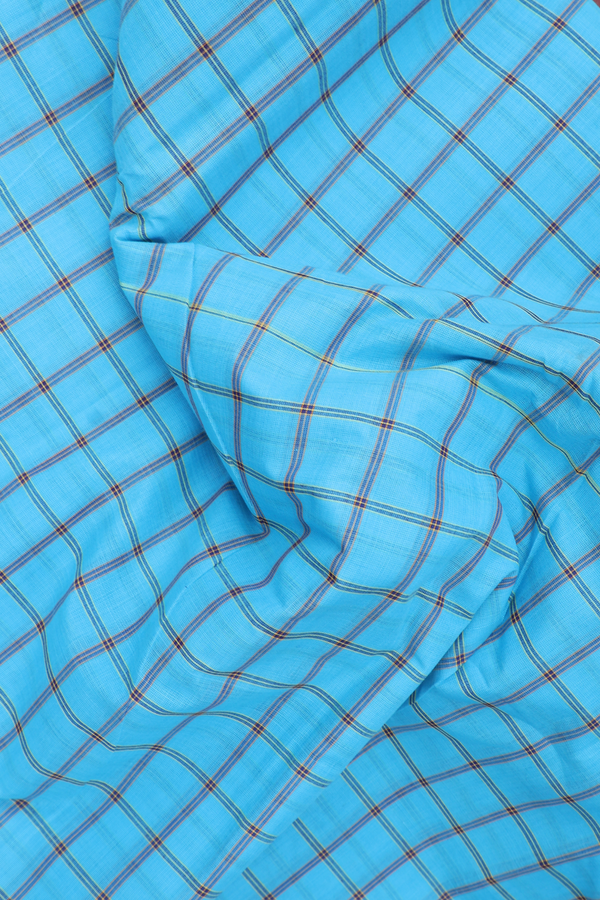 Nine Yards Cotton Saree In Sky Blue With Checks Design