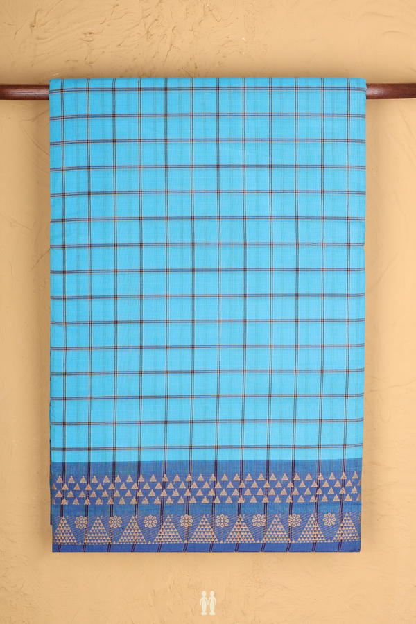 Nine Yards Cotton Saree In Sky Blue With Checks Design