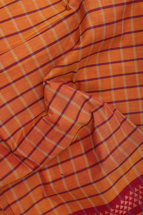 Nine Yards Cotton Saree In Dusty Orange With Checks Design