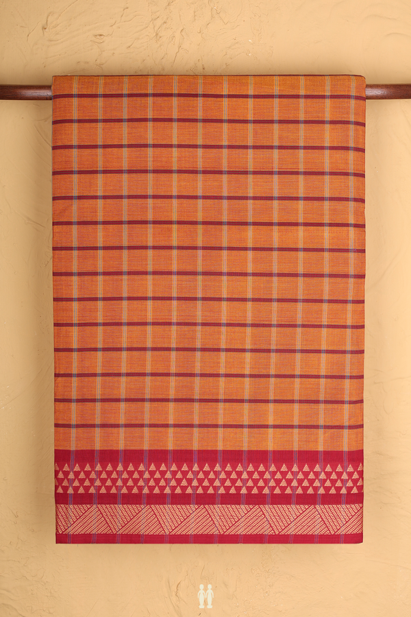 Nine Yards Cotton Saree In Dusty Orange With Checks Design