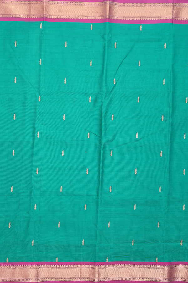 Nine Yards Silk Cotton Saree In Green With Zari Buttas