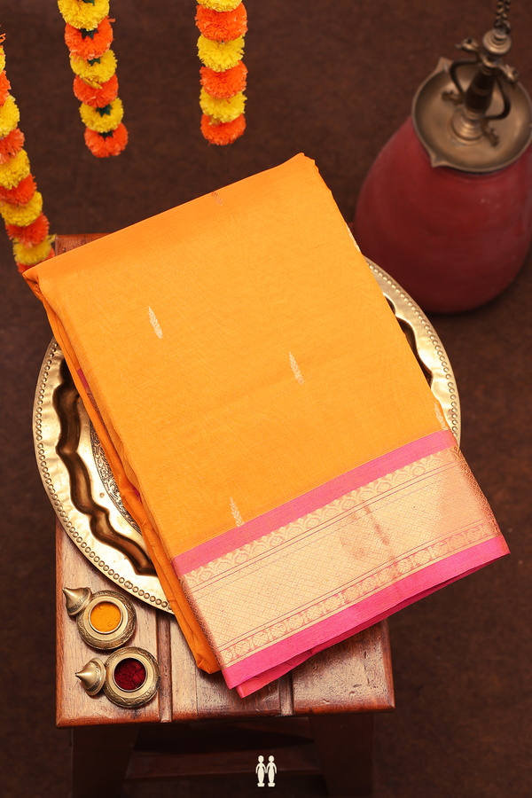 Nine Yards Silk Cotton Saree In Royal Orange With Zari Buttas