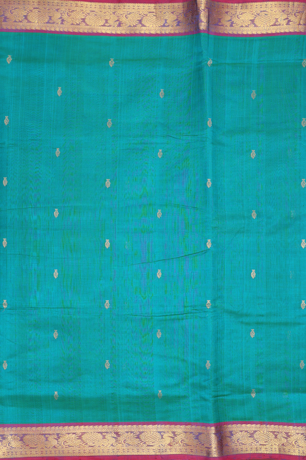Nine Yards Silk Cotton Saree In Peacock Blue With Zari Buttas