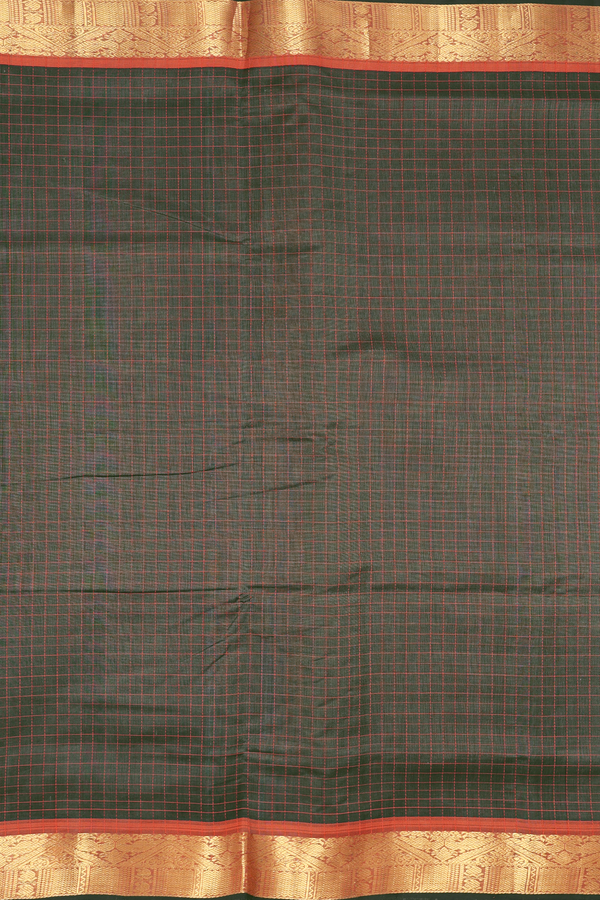 Nine Yards Silk Cotton Saree Cedar Green With Checks Design