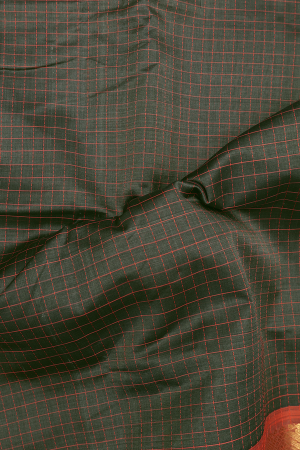 Nine Yards Silk Cotton Saree Cedar Green With Checks Design