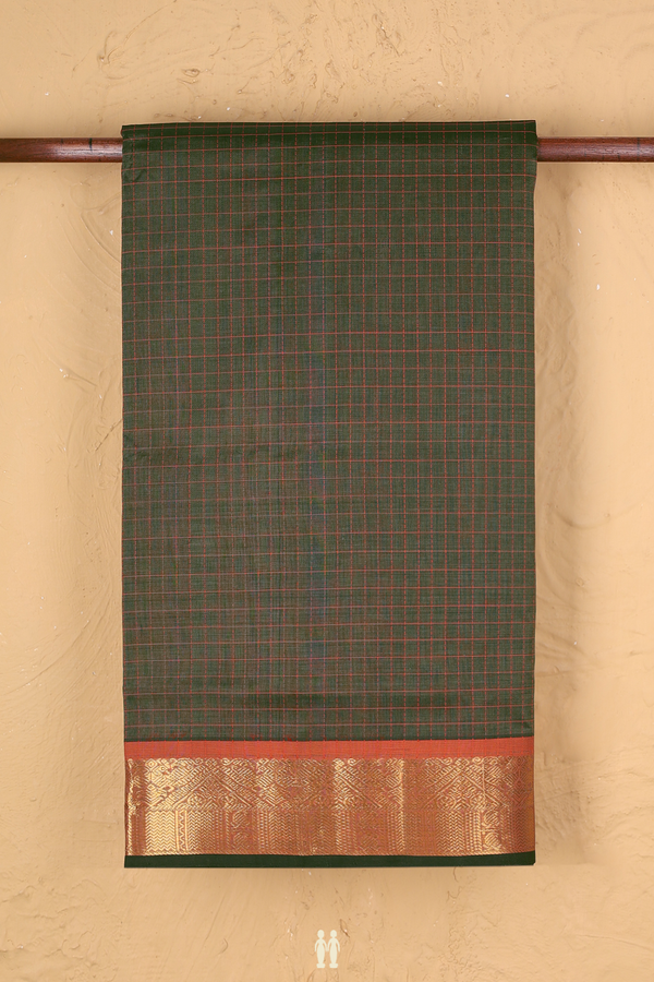 Nine Yards Silk Cotton Saree Cedar Green With Checks Design