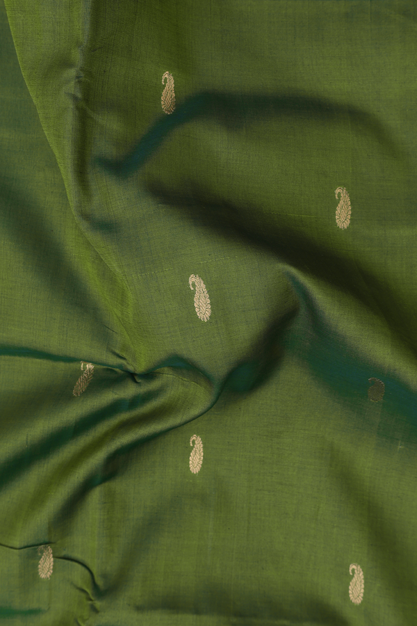 Nine Yards Silk Cotton Saree In Green With Paisley Buttas