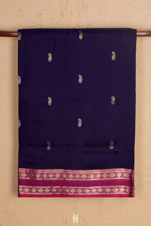 Nine Yards Silk Cotton Saree Navy Blue With Paisley Buttas