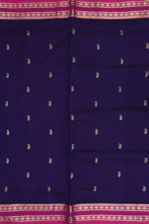 Nine Yards Silk Cotton Saree Navy Blue With Paisley Buttas