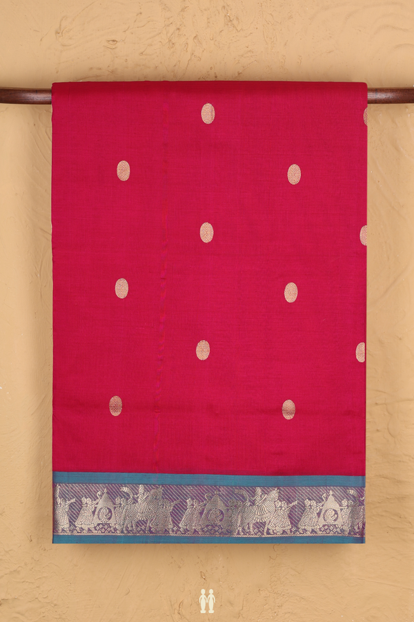 Nine Yards Silk Cotton Saree In Rani Pink With Zari Buttas