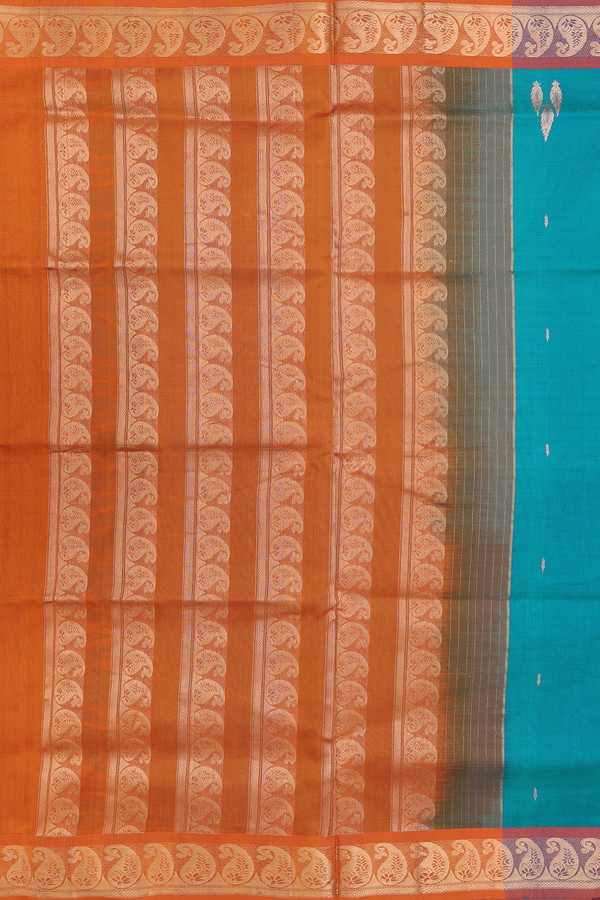 Nine Yards Silk Cotton Saree In Cerulean Blue With Zari Buttas