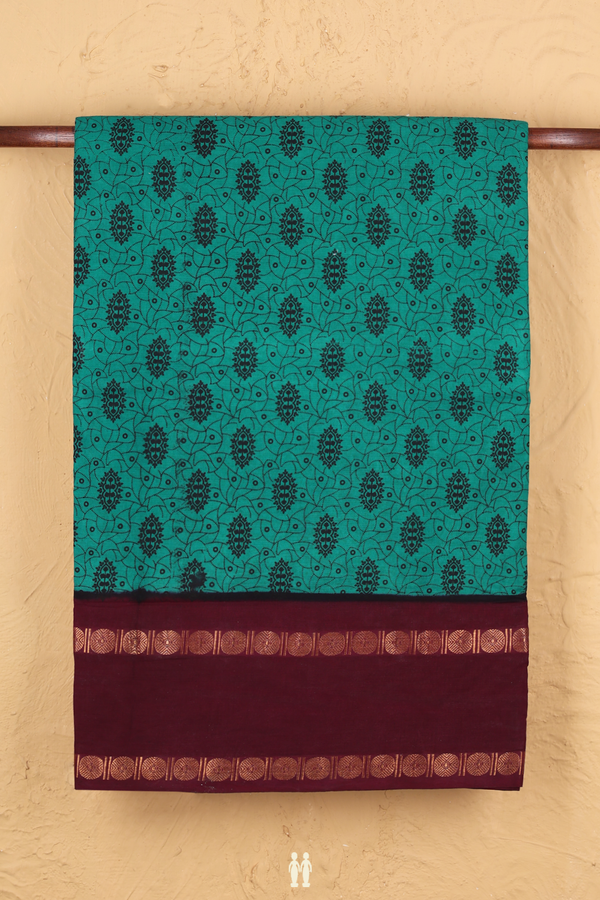 Nine Yards Sungudi Cotton Saree Green With Printed Design