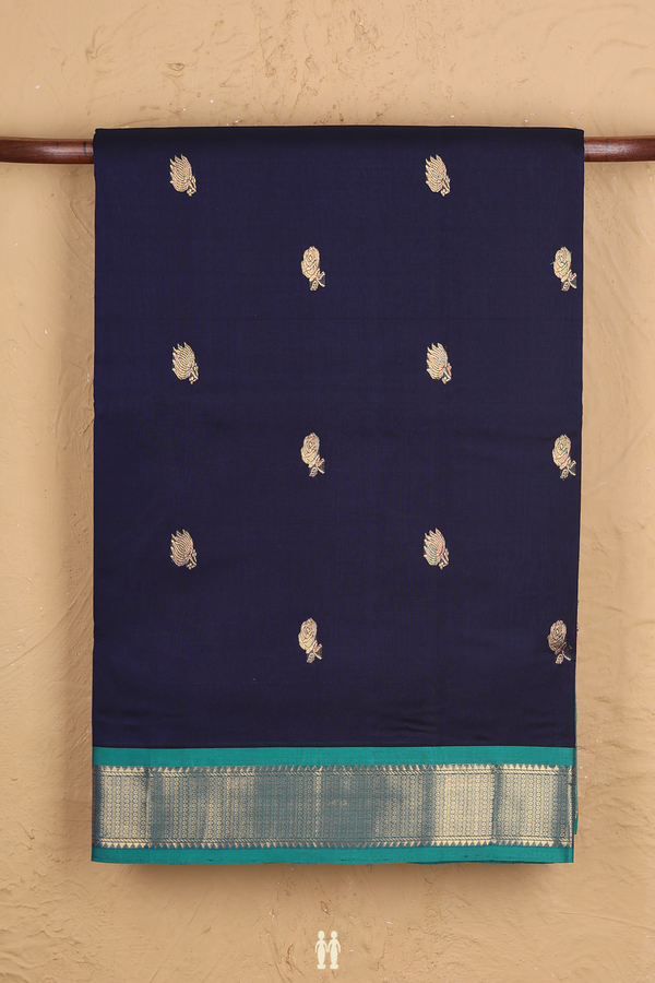 Nine Yards Silk Cotton Saree In Navy Blue With Floral Buttas