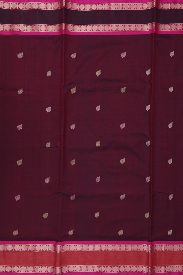 Nine Yards Silk Cotton Saree In Dark Maroon With Zari Buttas