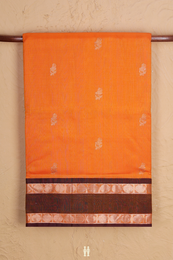Nine Yards Silk Cotton Saree In Orange With Zari Buttas