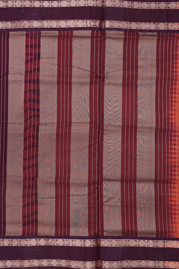 Nine Yards Silk Cotton Saree In Orange With Zari Buttas
