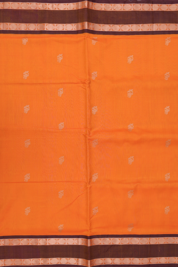 Nine Yards Silk Cotton Saree In Orange With Zari Buttas