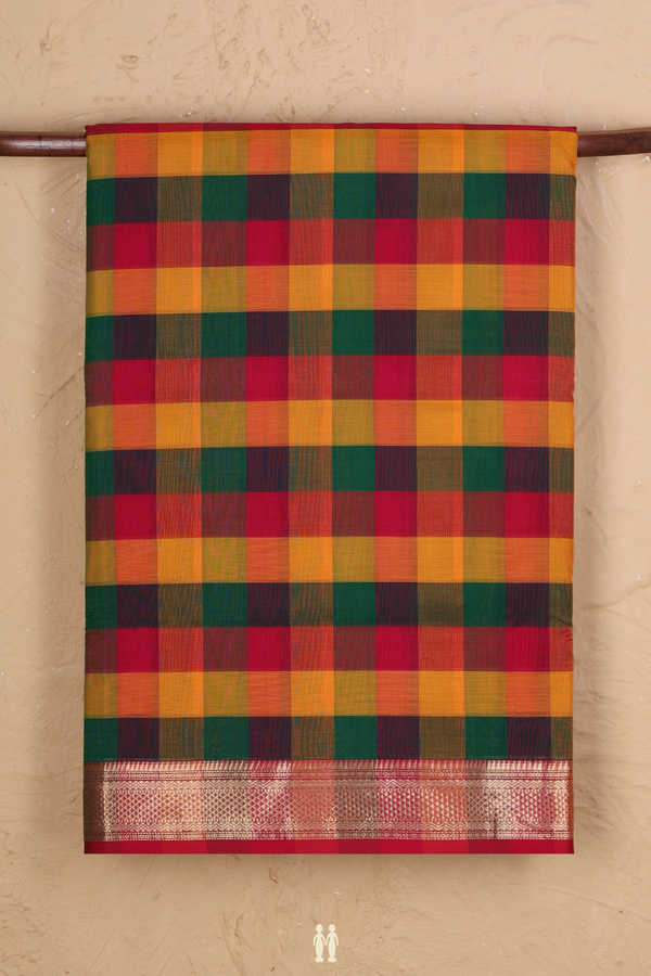Nine Yards Silk Cotton Saree In Multicolor With Checks Design