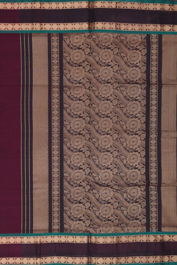 Nine Yards Silk Cotton Saree Brown With Rudraksh Border