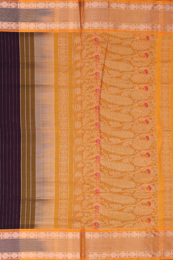 Nine Yards Silk Cotton Saree In Brown With Stripes Design