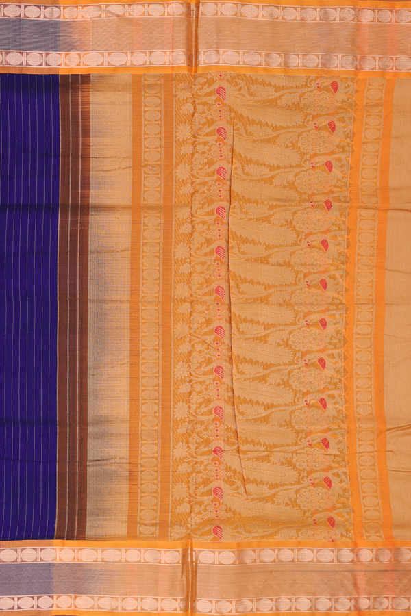 Nine Yards Silk Cotton Saree In Blue With Stripes Design