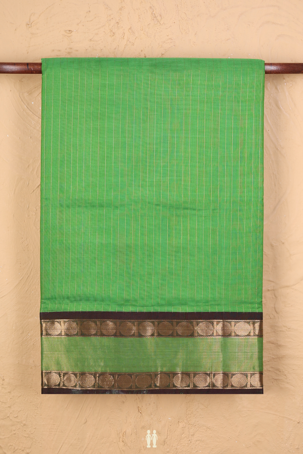 Nine Yards Silk Cotton Saree In Green With Stripes Design
