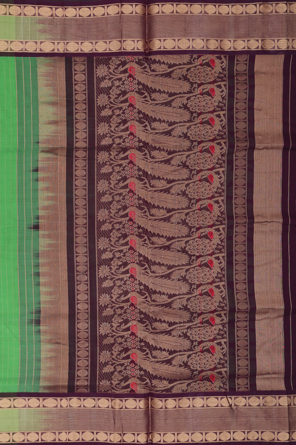 Nine Yards Silk Cotton Saree In Green With Stripes Design