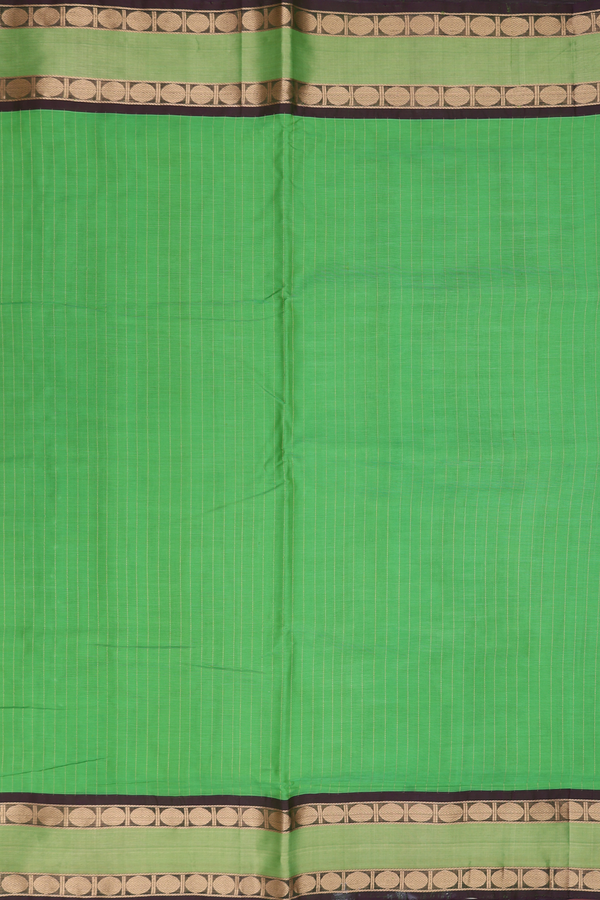 Nine Yards Silk Cotton Saree In Green With Stripes Design