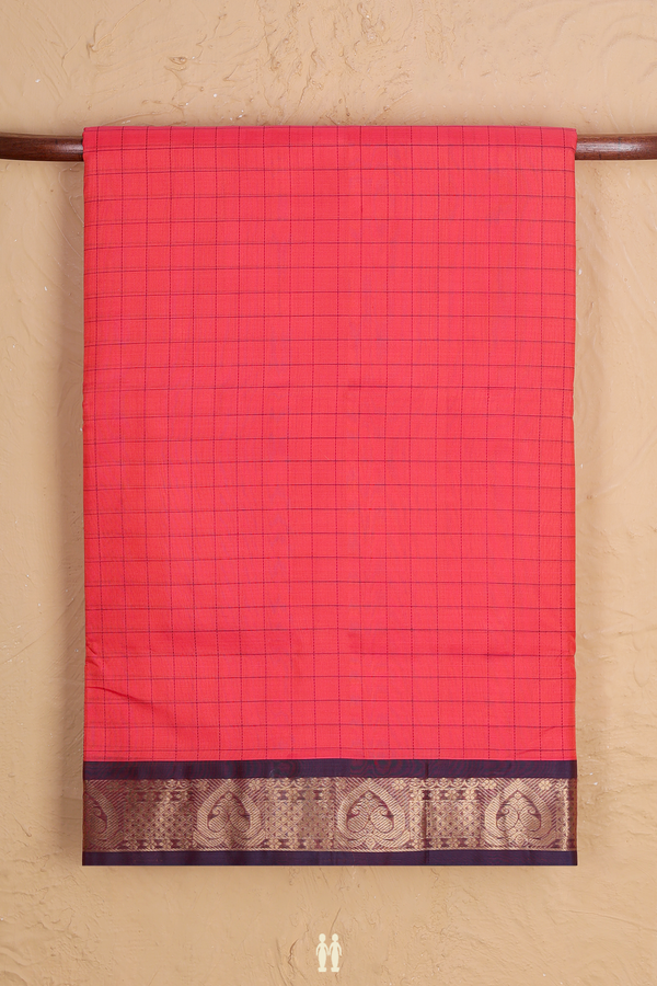 Nine Yards Silk Cotton Saree Coral Red With Checks Design
