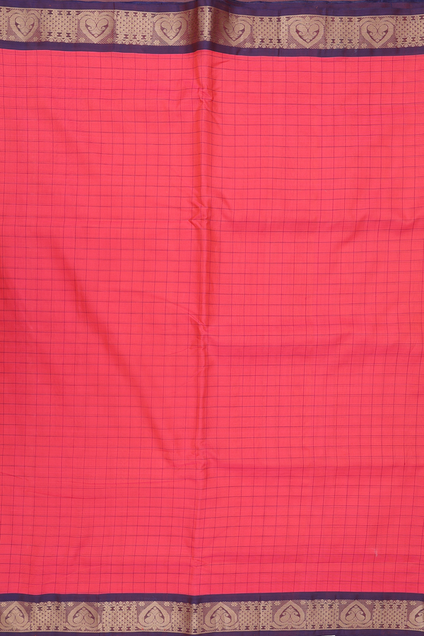 Nine Yards Silk Cotton Saree Coral Red With Checks Design