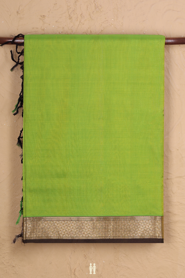 Nine Yards Silk Cotton Saree In Parrot Green With Zari Border