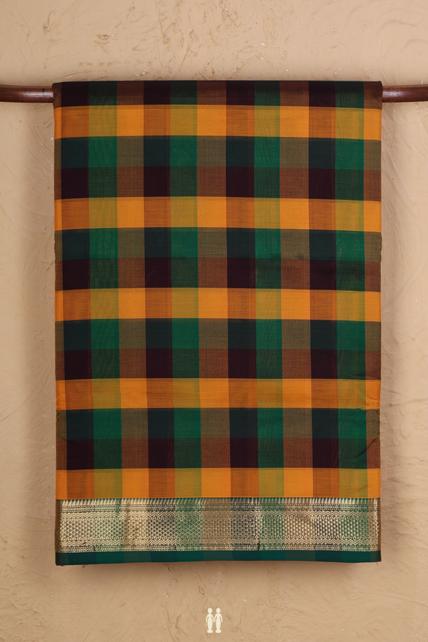 Nine Yards Silk Cotton Saree In Multicolor With Checks Design