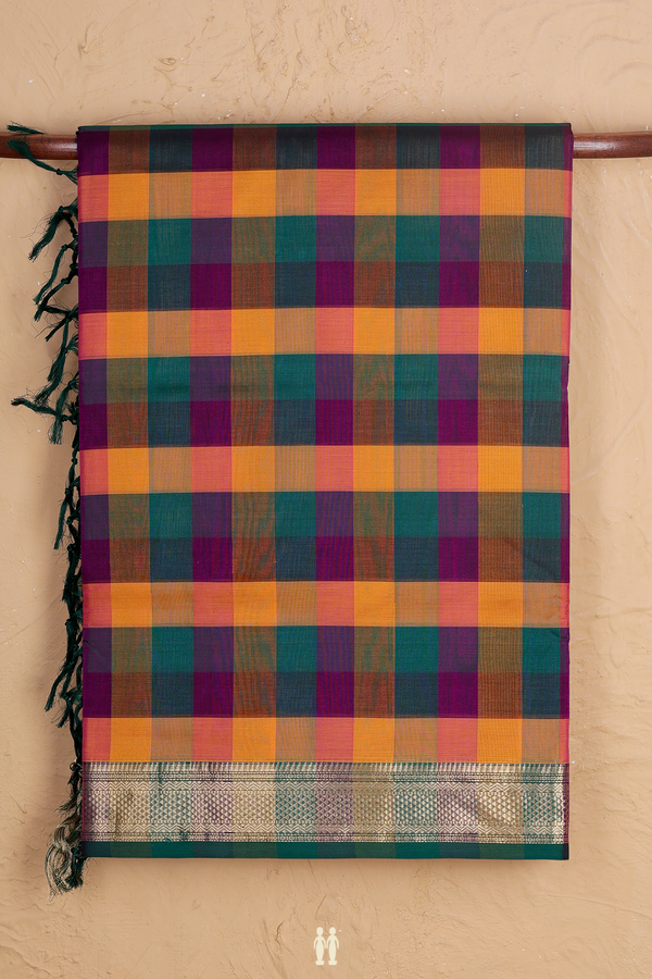 Nine Yards Silk Cotton Saree Multicolor With Checks Design