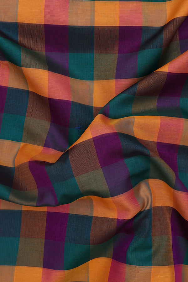 Nine Yards Silk Cotton Saree Multicolor With Checks Design