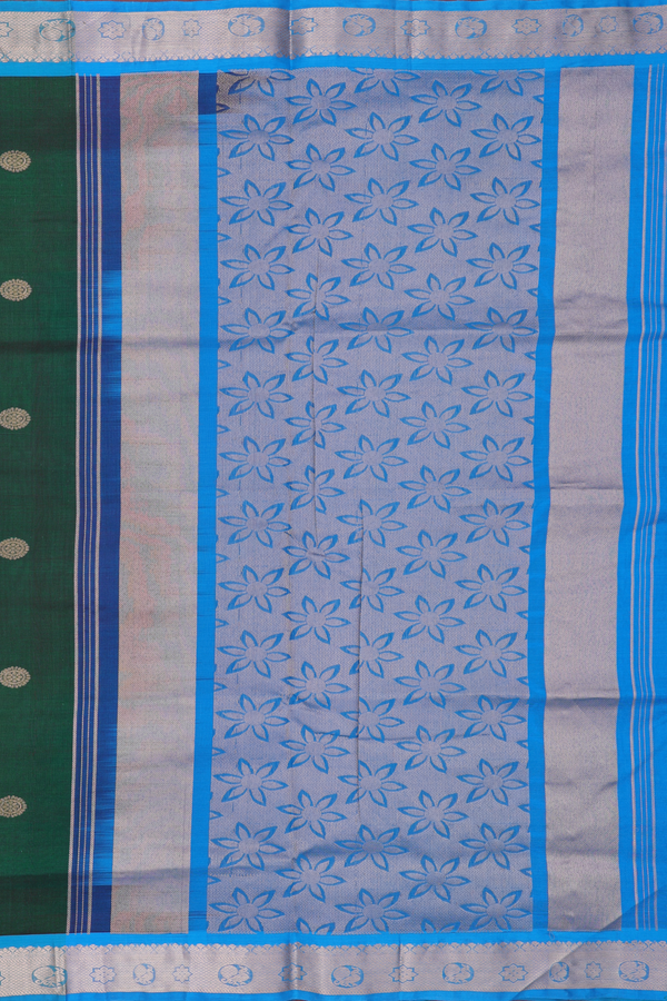 Nine Yards Silk Cotton Saree In Green With Zari Buttas